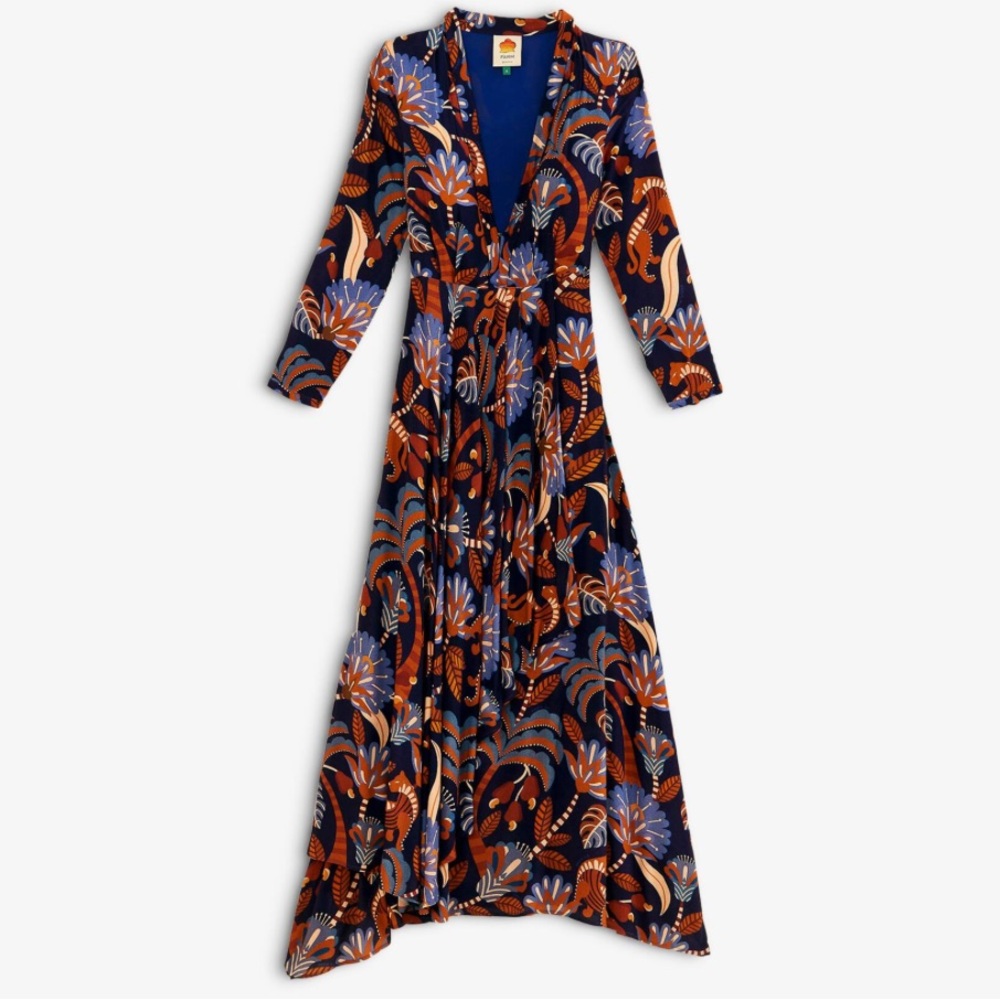 NWT Farm Rio Nature Beauty Blue Long Sleeve Maxi Dress Boho Fall - Picture 2 of 9